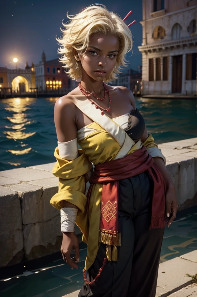 arslanaltan, 1girl, blonde hair, short hair, green eyes, dark skin, brown skin, hair ornament, sash, baggy pants, bandages, bare shoulders, necklace, hands on hips, (Masterpiece, Best Quality, Highres:1.2), Detailed, Intricate Details, 4K, solo, cowboy shot, high rating, standing, venice, italy, night, stars, moon closed mouth, serious look, serious expression, looking at viewer,