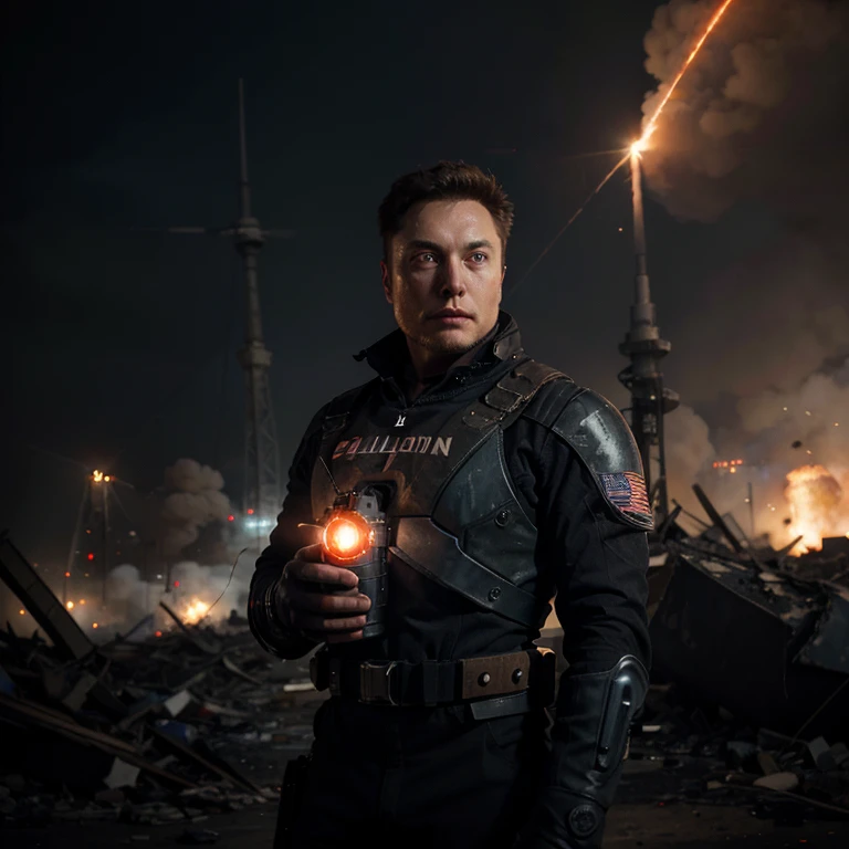 Consulta: A photorealistic image of Elon Musk in a dystopian war zone, wearing a dark exoskeleton suit and holding a glowing plasma rifle. Explosions and smoke fill the background, with destroyed buildings and flying drones. His face is determined and focused, with a hint of sadness. The overall mood is gritty and dark, with a color palette of greys, blues, and orange from the explosions.