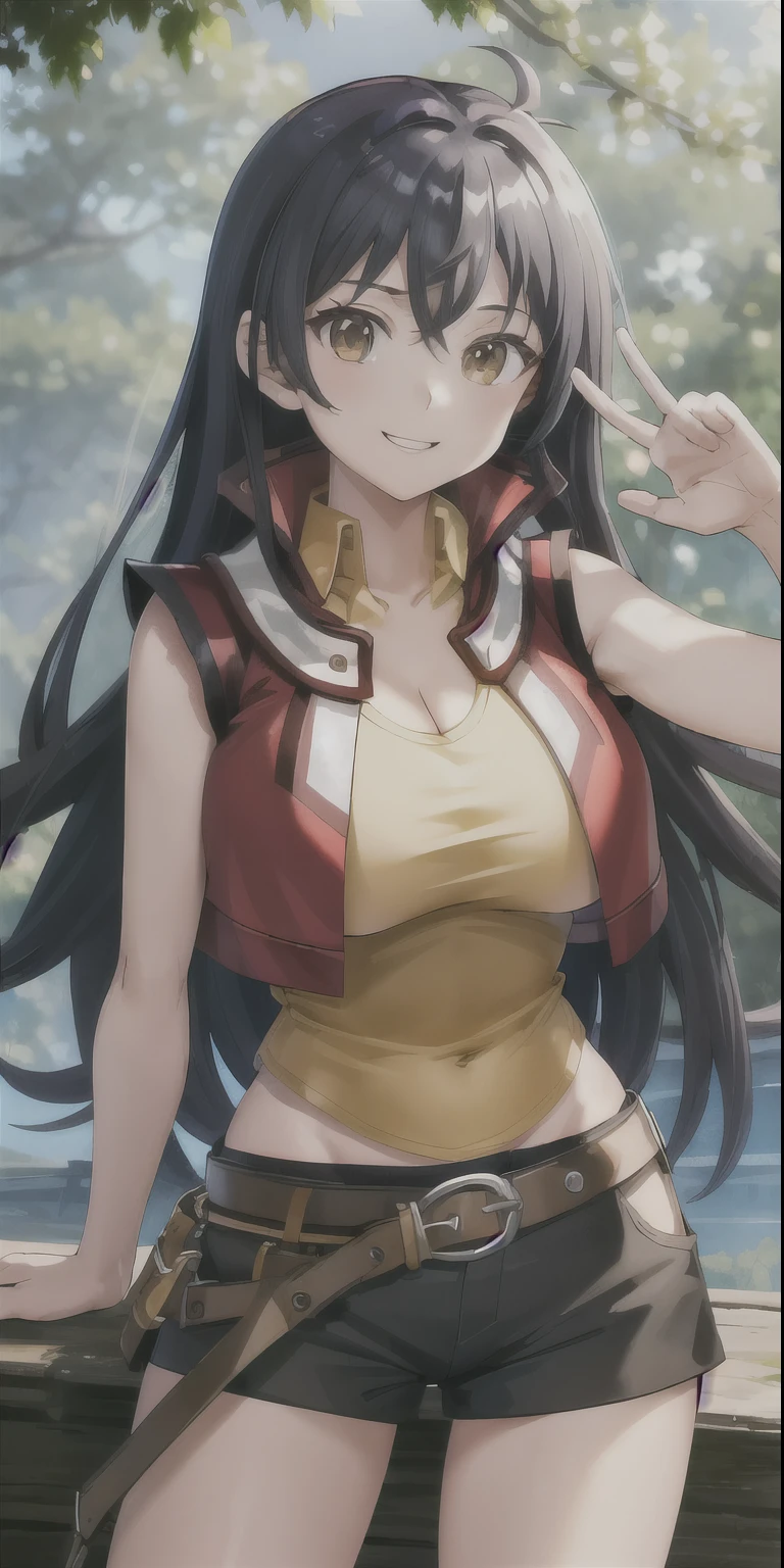 masterpiece, best quality, highres, hmrei, long hair, red jacket, collared shirt, yellow shirt, sleeveless, belt, black shorts, sitting, cowboy shot, standing, outdoors, waving, smile, waving,((big tits)), cleavage, tight clothes ,(wide hips), tight shorts, mini shorts