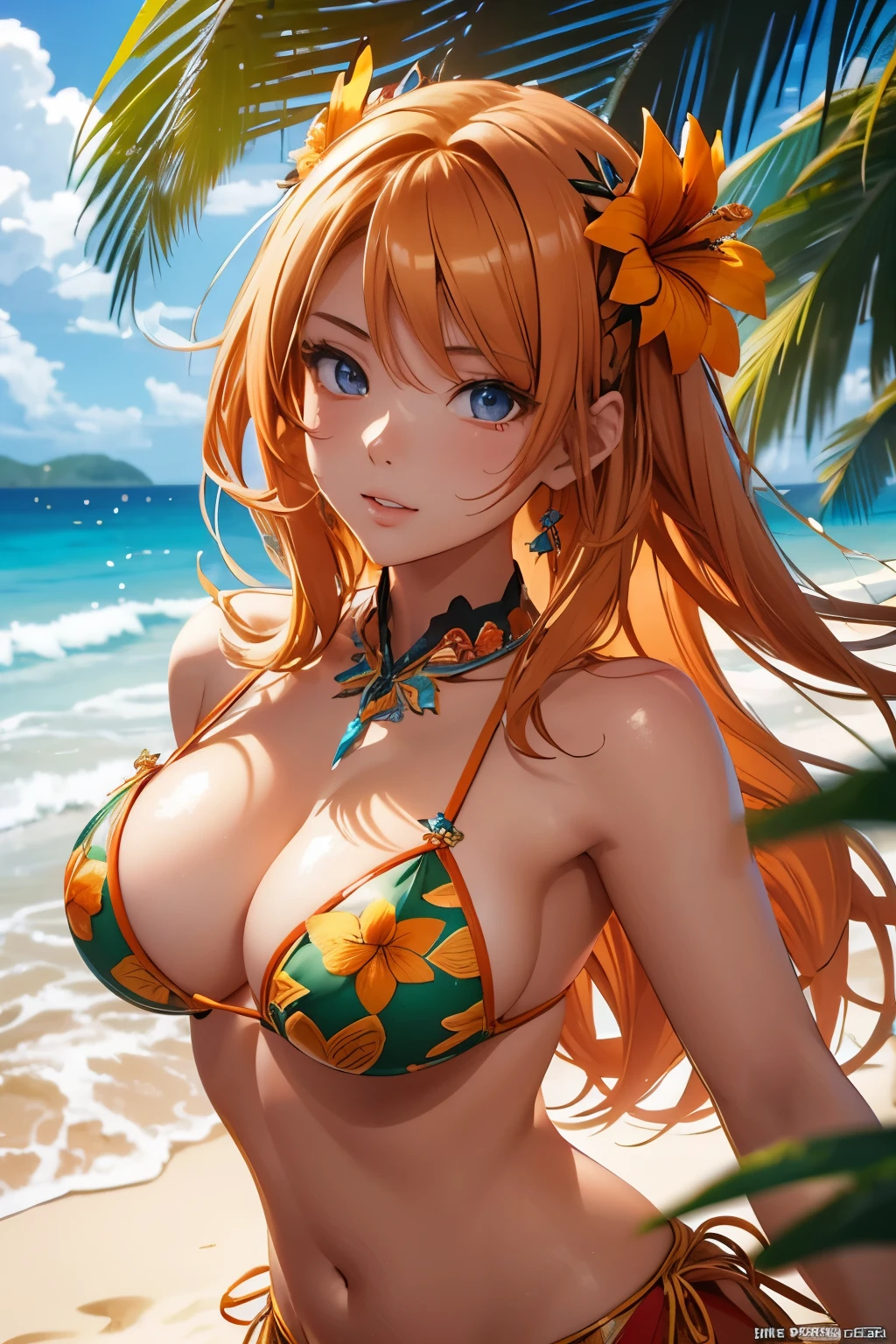 Beautiful Alluring summer taned young island woman, Barely Clothed, patterned mikro bikini, taned skin, athletic body, orange blonde hair, hair ornaments, flowers, at a tropical beach, Beautiful D&D Character Portrait, tropical Fantasy, tropical theme, Detailed, Digital Art, Extreme Detail, Polished, Beautiful, Hyperdetailed, Intricate, Elaborate, Meticulous, Anime Character, Detailed, Anime Face, Sharp Focus, Unreal Engine, 3d Rendered, Volumetric Lighting, Reflections, Glossy, Digital Illustration, Pose, Suggestive Pose, Full Body Shot, 💖❤💕💋❣