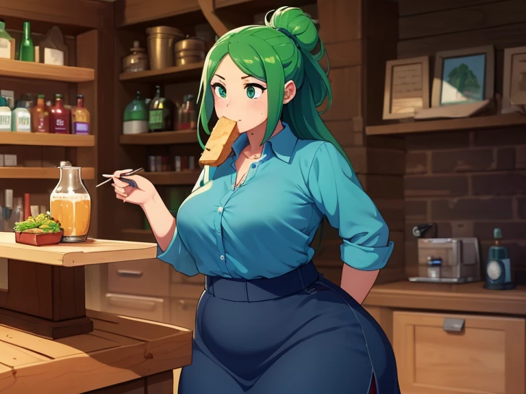  ((masterpiece,best quality)), caroline\(stardew valley\), solo, long loose hair, Green hair, green eyes, @_@, big breasts, topless, White panties, inside, farm bedroom, obese, standing, mom body, fat thighs, stardew valley, sexy, eating, force feeding herself, Belly fold, big Belly, fat ass