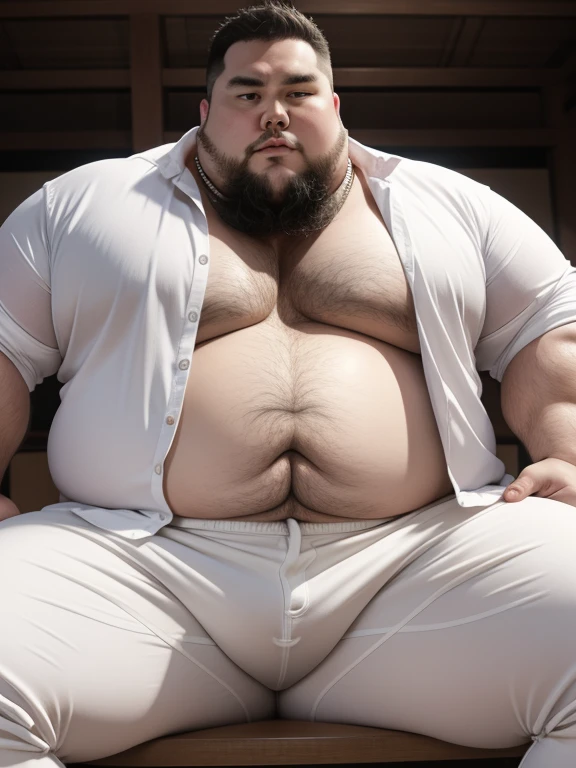 A fat shirless man is touching his belly while sitting down watching tv