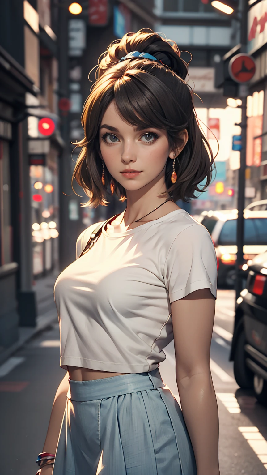 high quality, 4K, In frame, Close-up portrait of a dark-haired woman in a white shirt and light blue skirt, Photorealistic anime girl rendering, Cute 3D Anime Girl Rendering, April Rendering, Anime VTuber Full Body Model, Full Body Shanxia, live2d Virtual YouTuber Model, Smooth anime CG art, Realistic portrait full body realistic anime 3D style, photorealistic full body