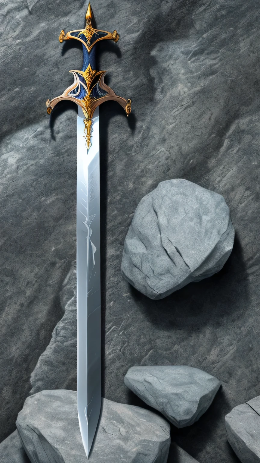 A futuristic sword placed on rocks