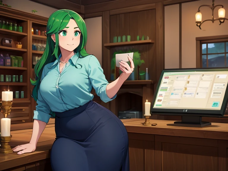 ((masterpiece,best quality)), caroline\(stardew valley\), long hair, Green hair, green eyes, @_@, medium breasts, Blue blouse, brown long skirt, shop, behind Cash register, indoors, chubby, mom body, wide thighs, sexy, stardew valley