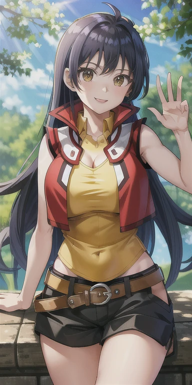 masterpiece, best quality, highres, hmrei, long hair, red jacket, collared shirt, yellow shirt, sleeveless, belt, black shorts, sitting, cowboy shot, standing, outdoors, waving, smile, waving,((big tits)), cleavage, (tight clothes ),(wide hips)