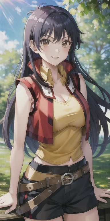 masterpiece, best quality, highres, hmrei, long hair, red jacket, collared shirt, yellow shirt, sleeveless, belt, black shorts, sitting, cowboy shot, standing, outdoors, waving, smile, waving,((big tits)), cleavage, (tight clothes ),(wide hips)