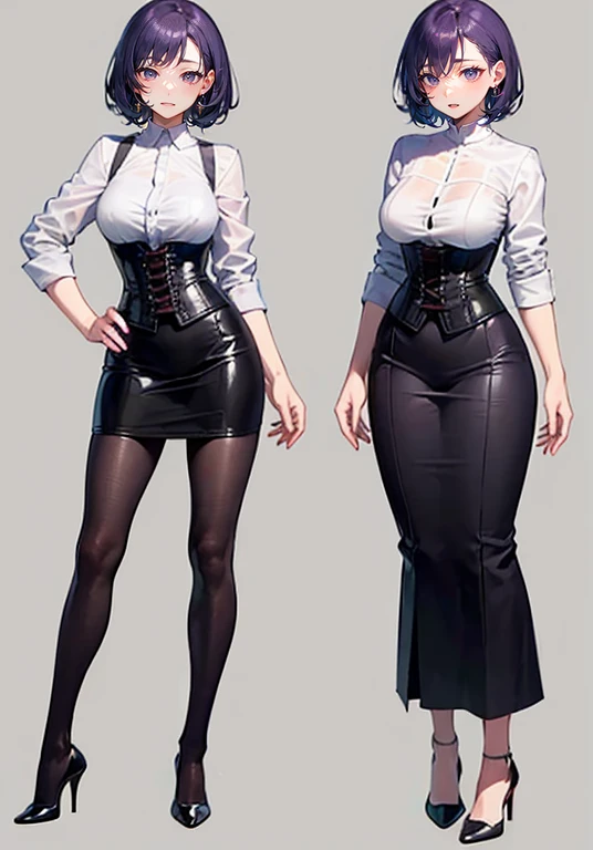 Purple Hair,Shortcuts,Adult female,(bartender),((Roll up your shirt sleeves)),(corset),(Skirt),(High heels),((Simple Background)),smile,((whole body)),((full body)),Character Sheet,