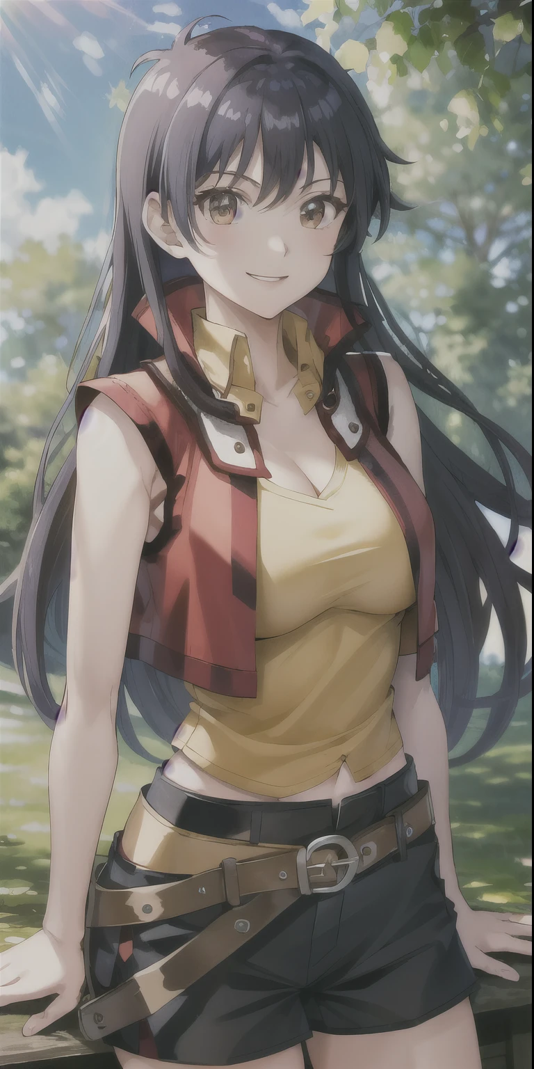masterpiece, best quality, highres, hmrei, long hair, red jacket, collared shirt, yellow shirt, sleeveless, belt, black shorts, sitting, cowboy shot, standing, outdoors, waving, smile, waving,((big tits)), cleavage, (tight clothes ),(wide hips)