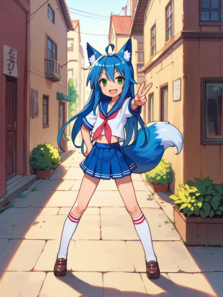 score_9, score_8_up, score_7_up, best quality, masterpiece, source_anime, photo, (natural skin, detailed skin:0.8), uncensored,
( ,cute ,small:0.5), (colourful,Colouring in:1.0),skinny,
konata izumi, long hair, green eyes, ahoge, blue hair, blue fox ears, blue fox tail, skinny, 
flat chest, 
1girl, outdoors, serafuku, red miniskirt, red sailor collar, shoes, white and red tighhighs, smile,
dynamic pose,v,
,   