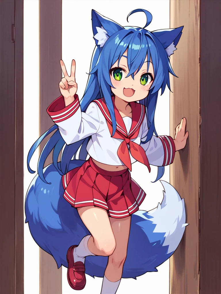 score_9, score_8_up, score_7_up, best quality, masterpiece, source_anime, photo, (natural skin, detailed skin:0.8), uncensored,
( ,cute ,small:0.5), (colourful,Colouring in:1.0),skinny,
konata izumi, long hair, green eyes, ahoge, blue hair, blue fox ears, blue fox tail, skinny, 
flat chest, 
1girl, outdoors, serafuku, red miniskirt, red sailor collar, shoes, white and red tighhighs, smile,
dynamic pose,v,
,   