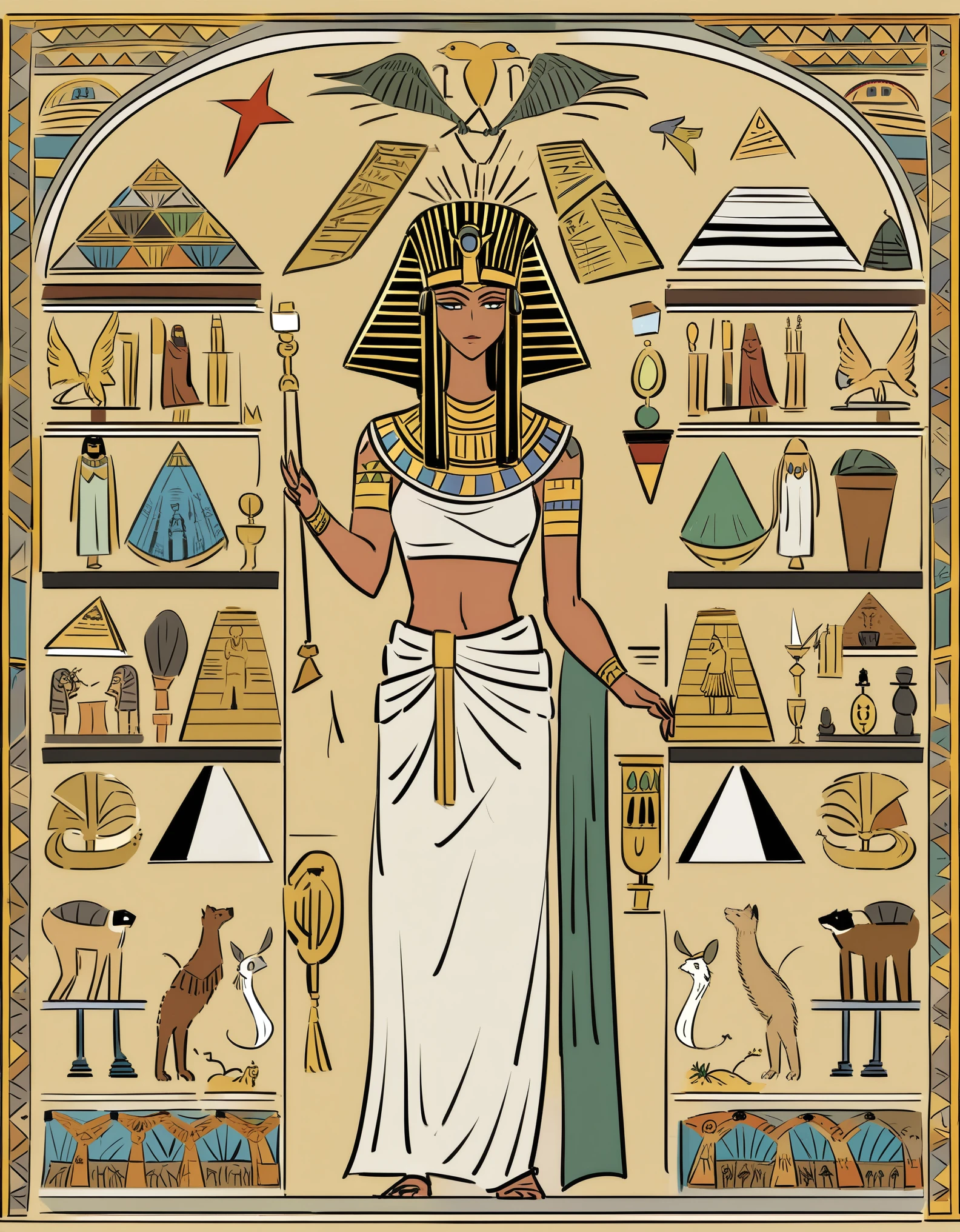 Draw a scene that represents an Egyptian pharaoh, cercado por simbolos de p
autondade. Certifique-se de incluir detalhes tipicos da arte egipcia, como eperti da
vestimentas elaboradas, Decorative meroglyphs and other elements that attempt to the iconography of Ancient Egypt. You can also add elements that rat vakores and the religious beliefs of the ancient Egyptians. Remember to pay attention to characteristic composition and style standards