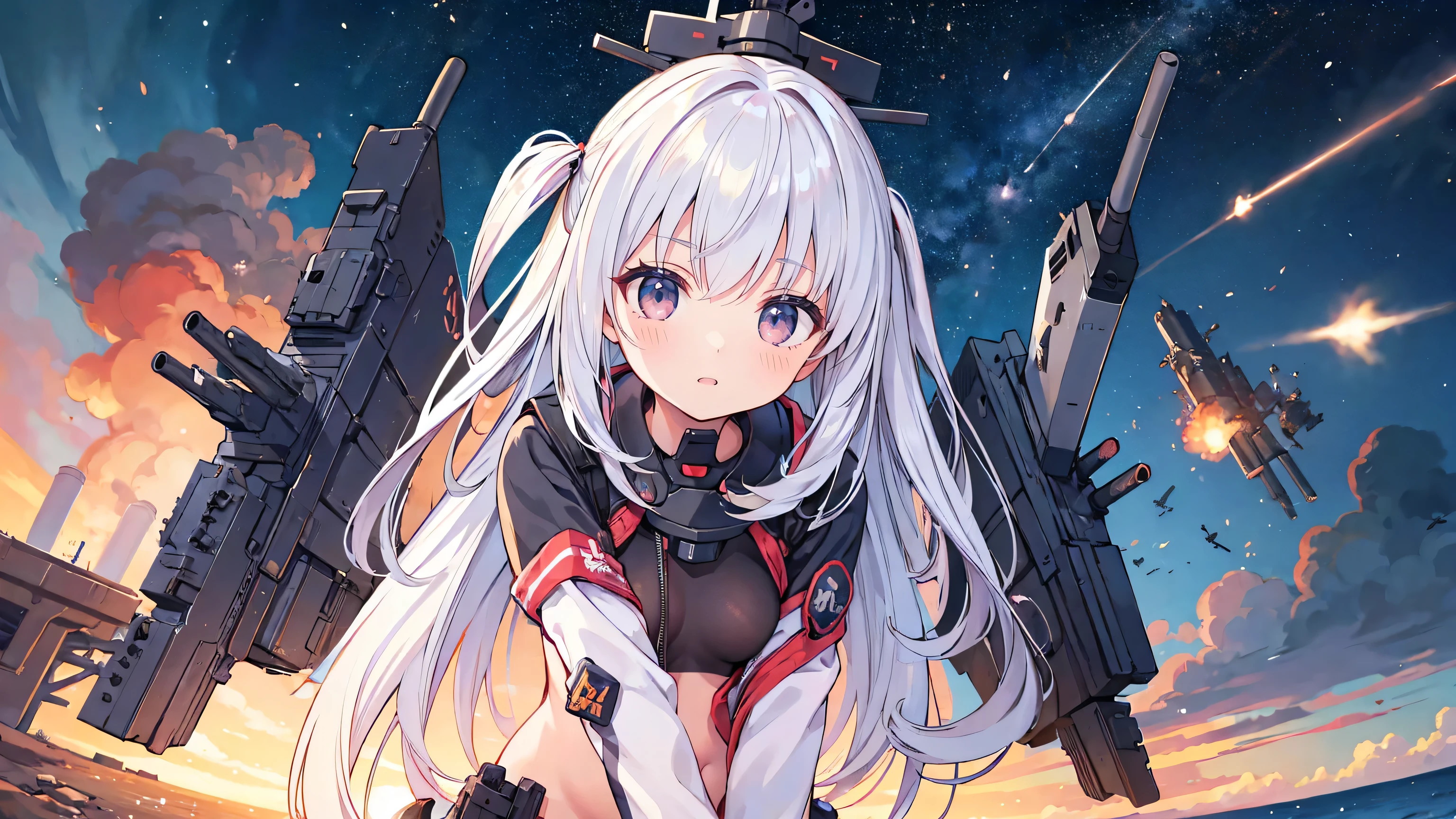 Very cute battleship girl、3 people、Weapon equipment、All missiles fired、