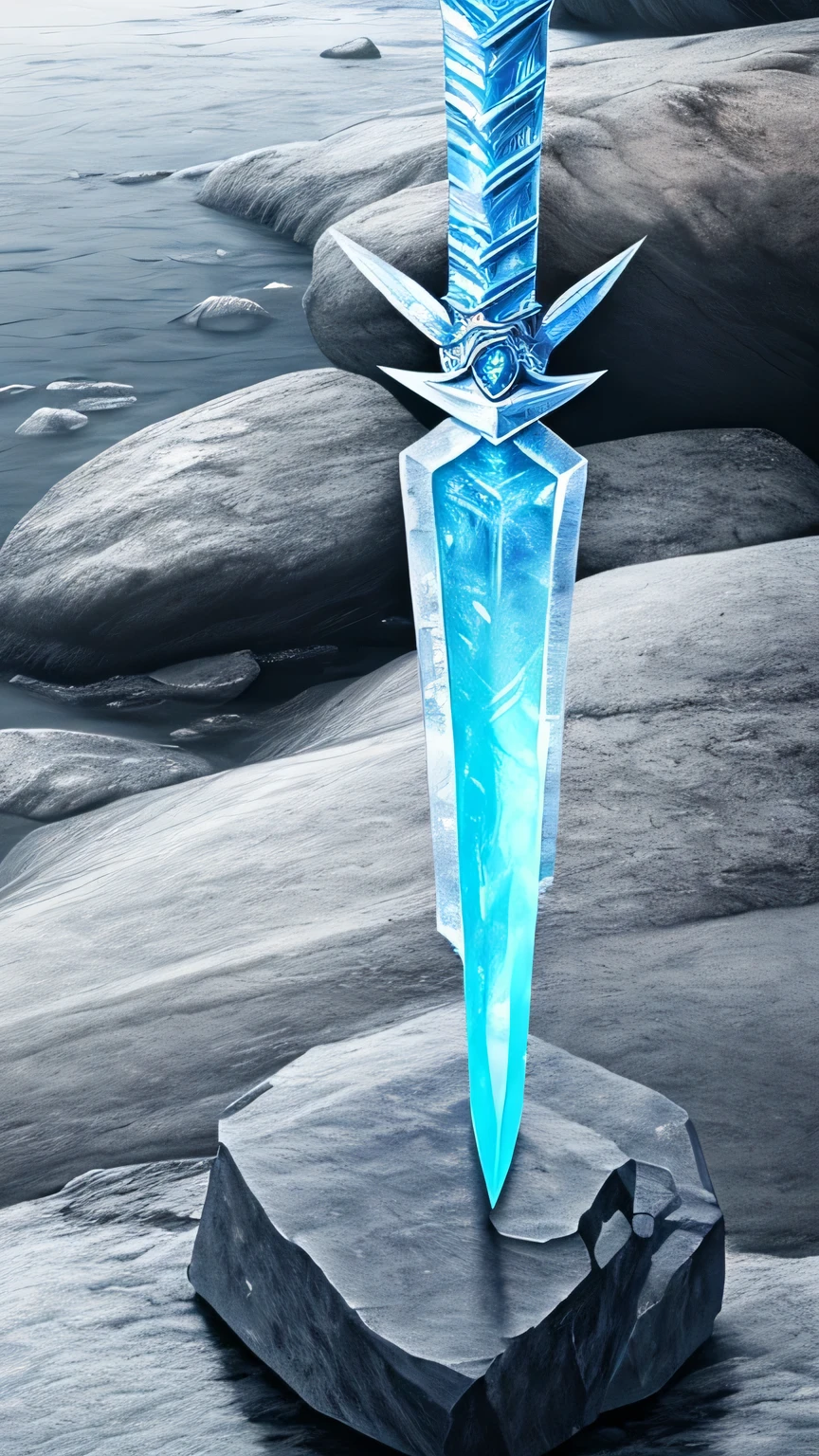 Ice sword placed on rocks