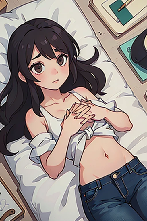 ((best quality)), ((masterpiece)), (detailed), perfect face, brown skin anime woman in a deep V-neck tied top, (bare shoulders), (jeans), (long hair), starving, (resting hands on the stomach), (hands on the stomach)