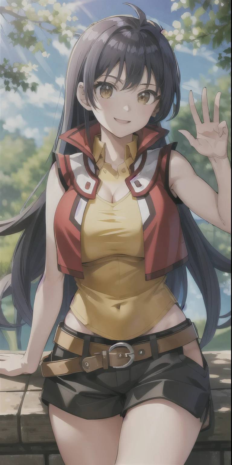 masterpiece, best quality, highres, hmrei, long hair, red jacket, collared shirt, yellow shirt, sleeveless, belt, black shorts, sitting, cowboy shot, standing, outdoors, waving, smile, waving,((big tits)), cleavage, (tight clothes ),(wide hips)