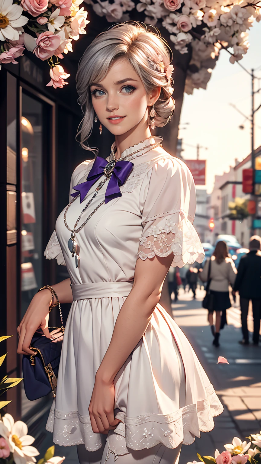 masterpiece, Great work, Daytime, Outdoor, Falling Flowers, White Dress, 1 girl, Perfect Woman, Woman with long silver and white hair, Gray Blue Eyes, Pale pink lips, cold, Severe, Van, Purple eyes, White clothes, Black Apparel Line, Delicate face, Graceful Face, Standing Bow, Tassel, The knot of happiness, smile