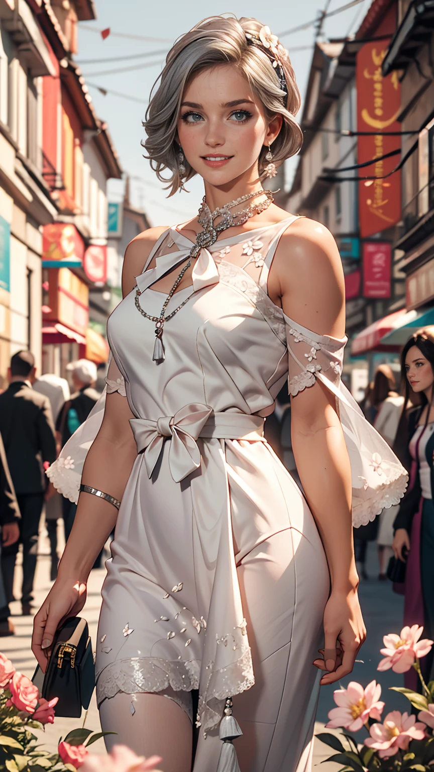 Light blue hair, Turquoise Eyes, Long eyelashes, Big Red Lips, Apricot-colored eyes, beauty, Girlish, Curly Hair, Princess、Sexy proportions、Sexy、Narrow waist、Lace-embellished summer dress、Stiletto heels、Lace choker、Champs-Élysées((Champs-Élysées))、Bright sunshine、mature female body