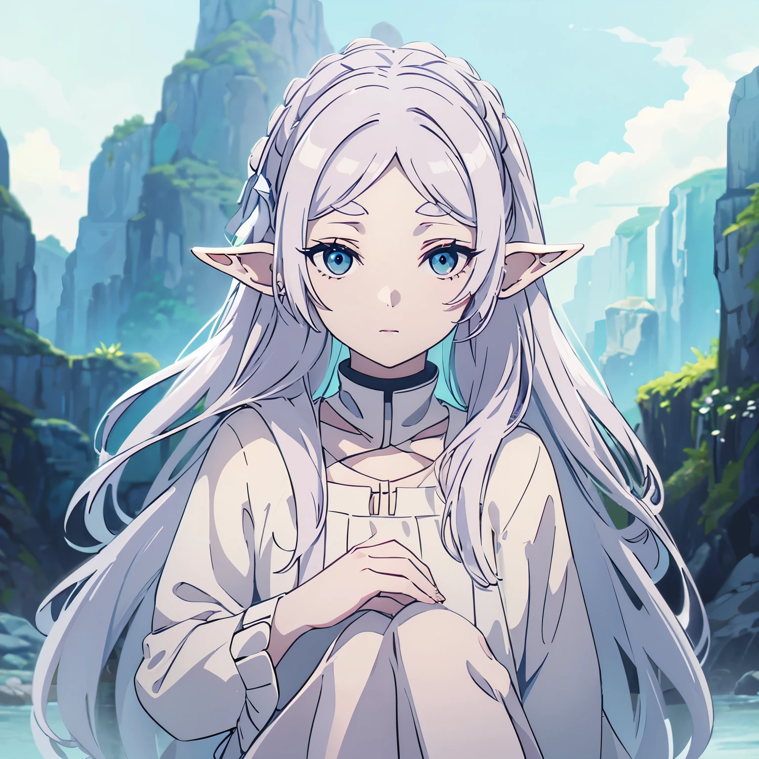 1girl, pale elf with white hair, pointed ears, pale skin and slightly rounded face, characteristic white clothes, sweet features, looking at the viewer, pretty elf, full body, highlighted body, sweet and shy pose