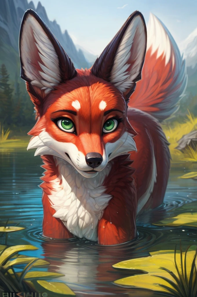 Close-up, fine illustration, breathtaking, masterpiece, trending on artstation, female, high details, one vixen half-immersed in a lake, fluffy, feral, slim, jade green eyes, cute, by hioshiru, by pixelsketcher, realistic water, slender feral, forest's effect, realistic wet fox's fur,