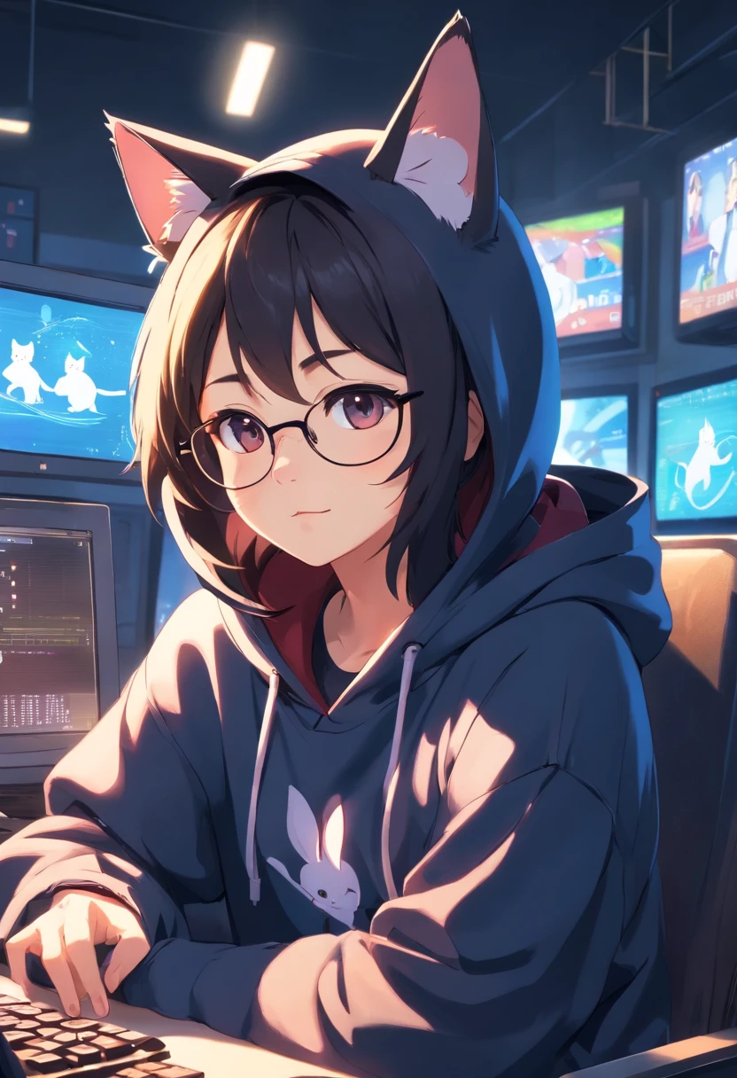 Cat-eared teenager，with fair skin，black-frame glasses，Hooded sweatshirt，Holding the white rabbit in his arms，Sit in front of the computer and play games free fire love