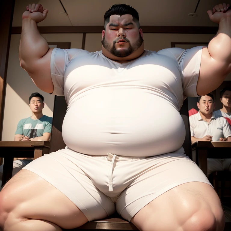 Big body、Fat man、Young Japanese、Sitting and spreading your crotch、White shorts、Emphasis on genitals、Glaring、Short Hair、Raising his arms、