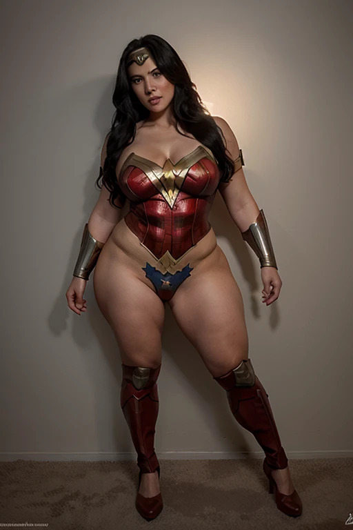 (mature, superheroine bbw , full body, spandex, perfect body), enemy, david and goliath, (next door dwarf), clown dwarf,