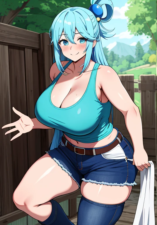 aqua \(konosuba\), mksks style, (very detailed background:1.0), (highly detailed background:1.0), {Masterpiece}, High Quality, 1girl, blue eyes, blue footwear, blue hair, blush, breasts, hair ornament, hair rings, leg up, long hair, looking at viewer, huge ass, huge breasts, huge thighs, narrow waist, wide hips, thick thighs, curvy, open hand, single hair ring, s, smile, solo, standing, standing on one leg, cleavage, white tank top, jeans, white bandan hat, tool belt, collar,blushing,sweating, (breathing hard), (panting), anime, farm, smile, very long hair, kono subarashii sekai ni shukufuku wo!,