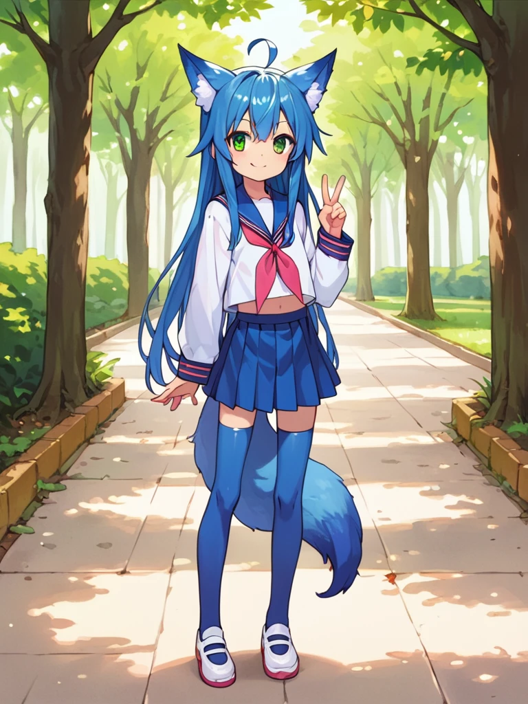 score_9, score_8_up, score_7_up, best quality, masterpiece, source_anime, photo, (natural skin, detailed skin:0.8), uncensored,
(child ,cute ,small girl:0.5), (colourful,Colouring in:1.0),skinny,
konata izumi, long hair, green eyes, ahoge, blue hair, blue fox ears, blue fox tail, skinny, 
flat chest, 
1girl, outdoors, serafuku, blue miniskirt, blue sailor collar, shoes, white and blue tighhighs, smile,
dynamic pose,v,
,   