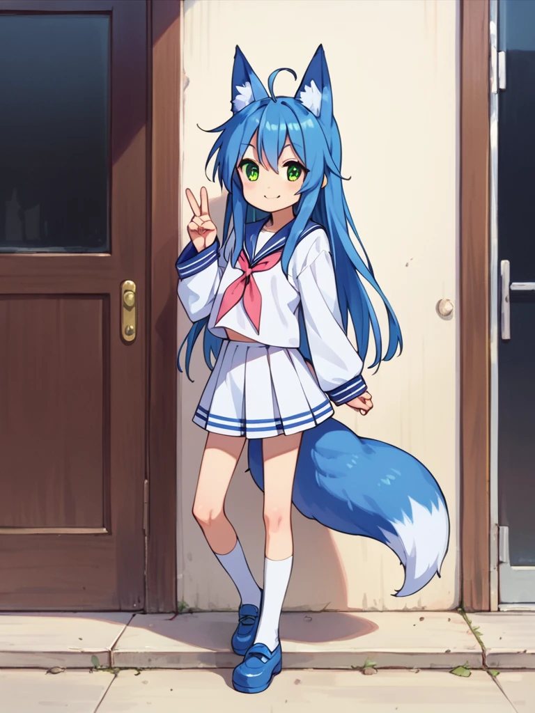 score_9, score_8_up, score_7_up, best quality, masterpiece, source_anime, photo, (natural skin, detailed skin:0.8), uncensored,
( ,cute ,small:0.5), (colourful,Colouring in:1.0),skinny,
konata izumi, long hair, green eyes, ahoge, blue hair, blue fox ears, blue fox tail, skinny, 
flat chest, 
1girl, outdoors, serafuku, blue miniskirt, blue sailor collar, shoes, white and blue tighhighs, smile,
dynamic pose,v,
,   