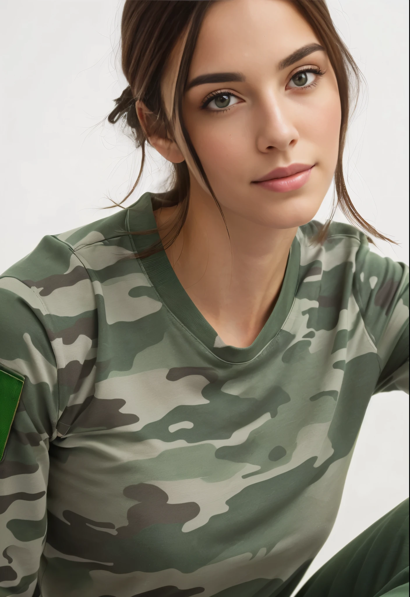 fit woman in green shirt and green pants posing for a photo, camuflar, vestindo camuflagem, Victoria Siemer, malika favre, close da parte superior do corpo, astor alexander, camuflagem da selva, militares, army, Garota militar, close frontal, vista lateral, vista lateral, vista lateral, graphic detail, Retrato lateral, camuflar made of love