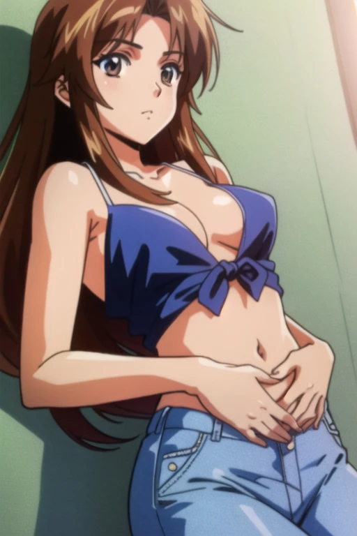 ((best quality)), ((masterpiece)), (detailed), perfect face, brown skin anime woman in a deep V-neck tied top, (bare shoulders), (bare arms), (jeans), (long hair), starving, (resting hands on the stomach), (hands on the stomach)