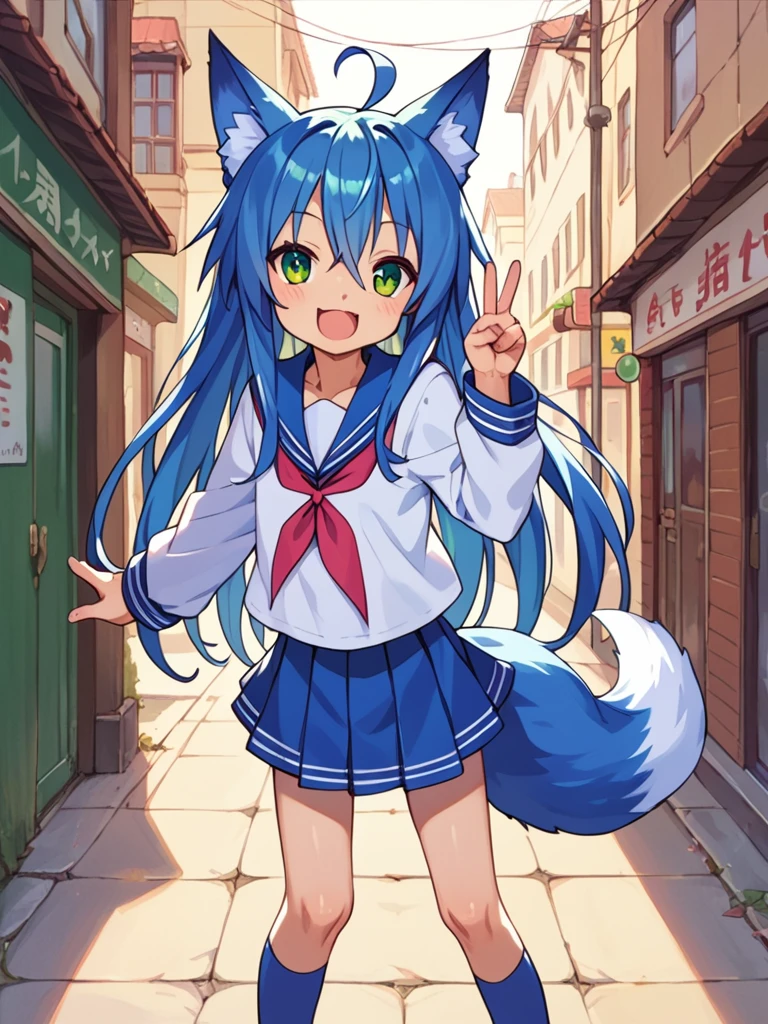 score_9, score_8_up, score_7_up, best quality, masterpiece, source_anime, photo, (natural skin, detailed skin:0.8), uncensored,
( ,cute ,small:0.5), (colourful,Colouring in:1.0),skinny,
konata izumi, long hair, green eyes, ahoge, blue hair, blue fox ears, blue fox tail, skinny, 
flat chest, 
1girl, outdoors, serafuku, blue miniskirt, blue sailor collar, shoes, white and blue tighhighs, smile,
dynamic pose,v,
,   