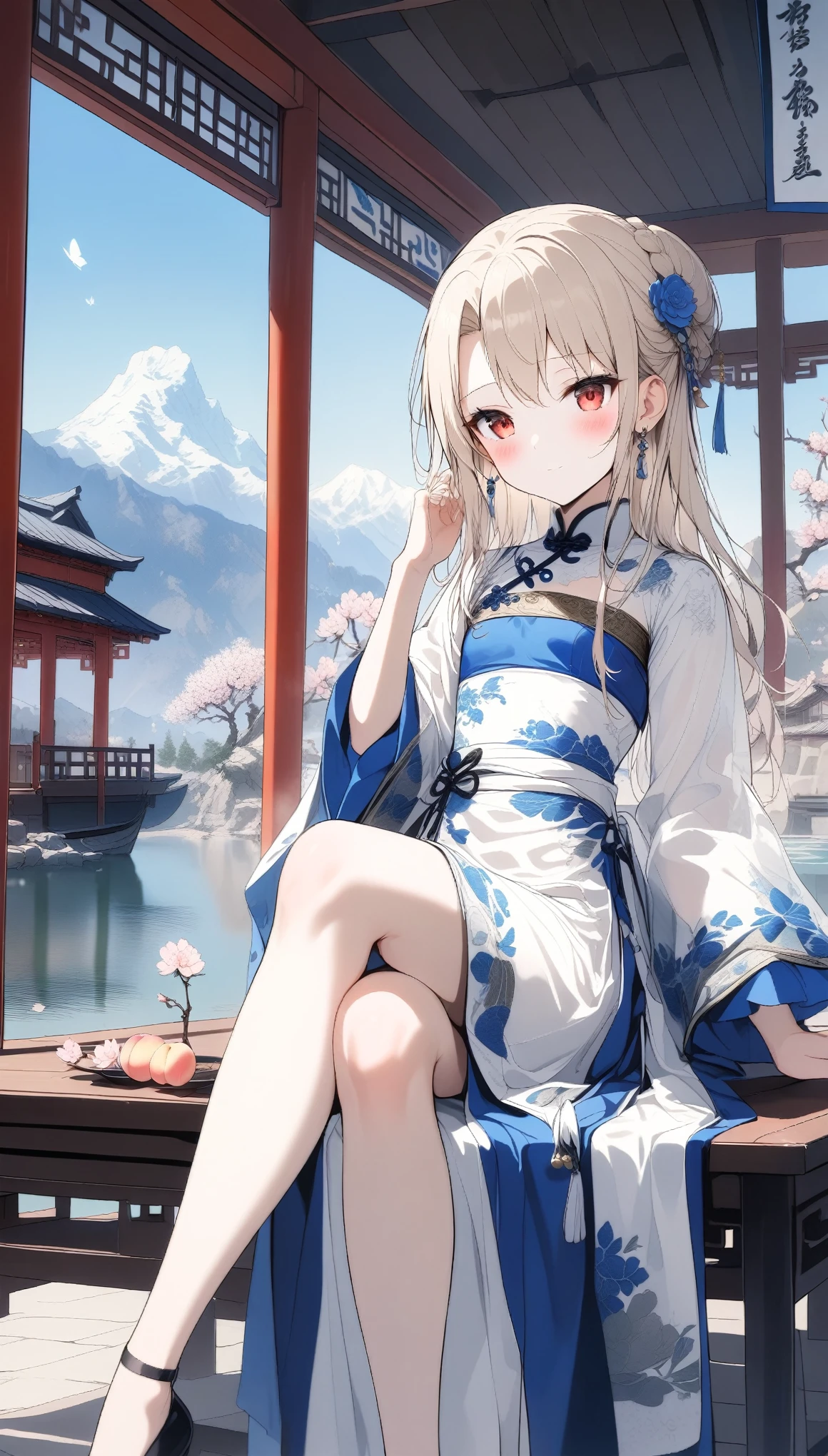 1girl,(illyasviel von einzbern),bangs,red_eyes,cream hair,(french braid),seductive smile,blush,blue_flower,beautiful detailed_background,small breasts,butterfly,(blue and white porcelain gorgeous hanfu, song style outfits),gold trim,short shan, pleated skirt, red songmo,overlapping collar,jewelry,earrings,mask,chain,face chain,((veil)),explicit,flower,general, hair_ornament,hanfu,hand on hair,((peach blossom)),jewelry,long_hair,crossed legs,looking_at_viewer,questionable,sensitive,solo,tassel,tassel_earrings,upper_body,(spring),Chinese style architecture, Chinese style, lake, ancient town, beautiful and meticulous water, (Fishing boat), pavilion,steam,Surrounding by falling peach blossoms petals, han style,