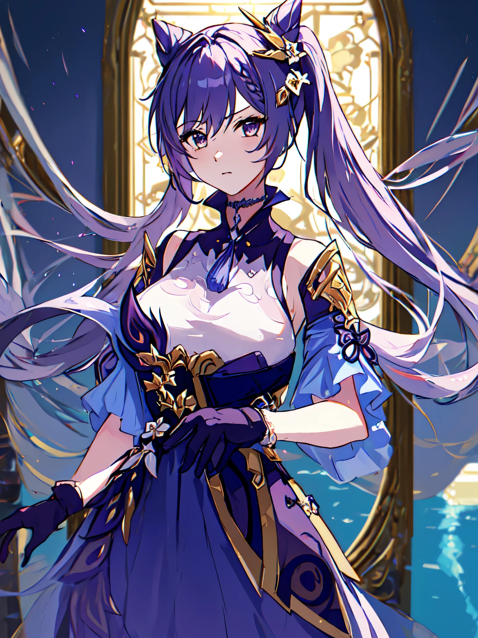 ((masterpiece, best quality)), close-up, straight on, face focus,((1 girl)), {long hair}, ((big breasts)), standing, hair ornamen, gloves, (incredible absurdity), gilded frame, (detailed light),lighting, colorful, layered backgrounds, (gothic architecture), pond, (gorgeous background), dynamic angle, delicate background, (shine),keqing \(genshin impact\),twintail, purple hair