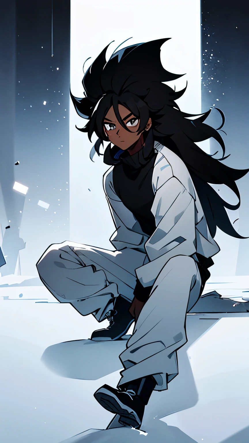 Male, young, dark skin, black long hair, messy hair, black eyes, white long-sleeved high-neck blouse, white sweatpants, black snow boots