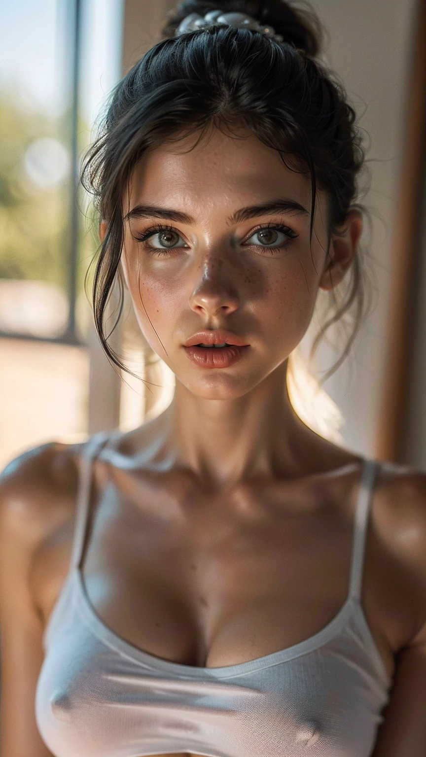 (((ultra realistic))) foto, obra de arte, Maximum quality, (Pale skin), (Rosto e olhos ultra detalhados:1.3), 1 garota, adulto, em uma camiseta, (maquiagem dos olhos, mascara) , ((Detailed big lips)), ((Cabelo escuro ondulado)), ((Chyolka)) , (seios naturais), cintura fina. ((posando)), photoshoot, studio (soft lighting), (O jogo de luz e sombras), profundidade de campo, Bokeh, (special attention to skin details: 1.2), Textura de couro detalhada, poros da pele. (Atmosfera calorosa do quadro. Gama de cores - preto, roxo, rosa, Tons azuis), DR, ((film grain)), ((raios)), ((brilho do sol)), ((foto to the waist, close to the camera)) , ultra detalhado,