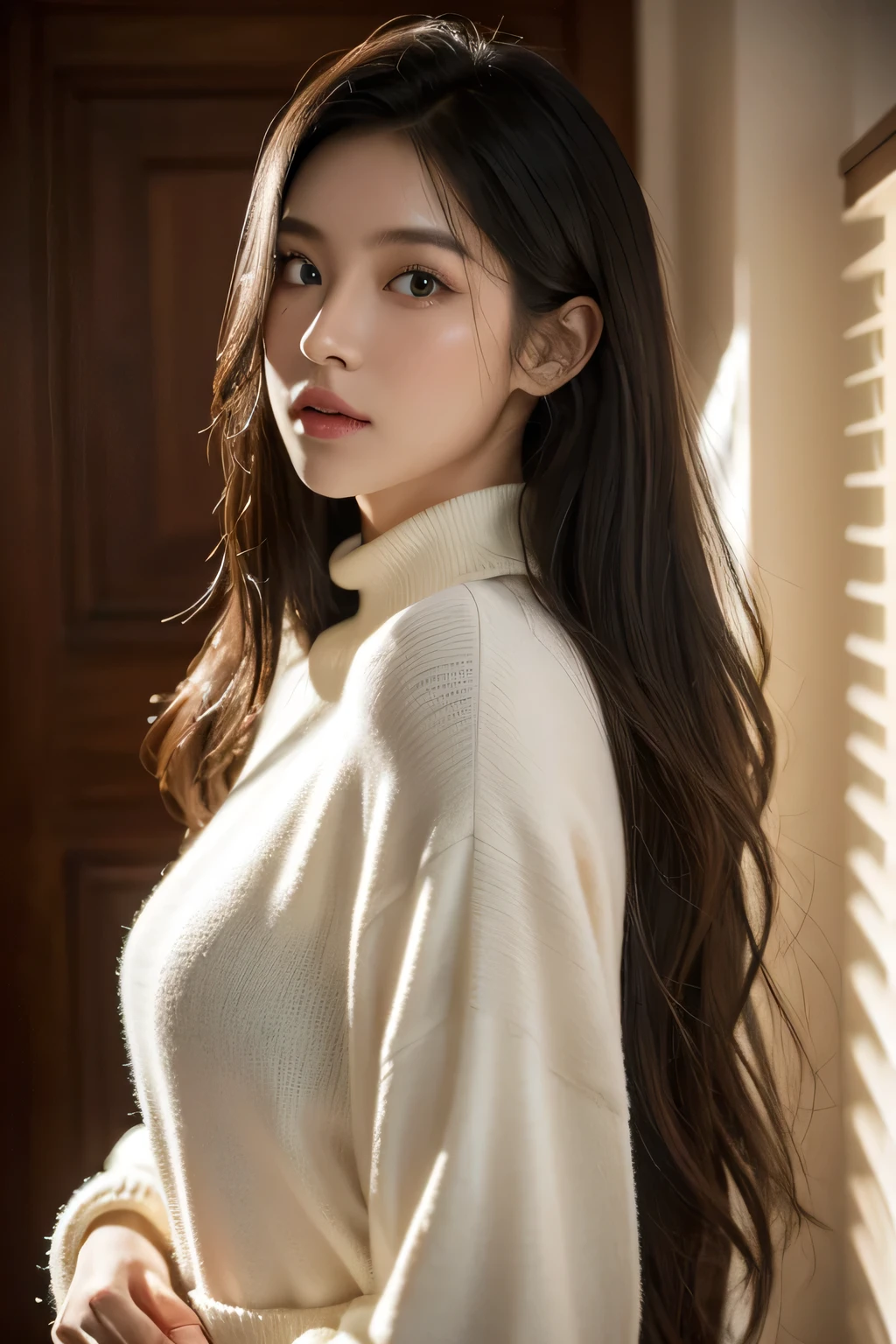 model shooting, cinematic Film still from, 28 years old asian girl standing, The upper part of the body, (黑The eye:1.3), mid wavy hair, (green turtleneck sweater, jaqueta de couro), Soft natural light, in the darkness nigth,
((tmasterpiece)),(Best quality at best),(A high resolution),Highly detailed RAW color photos,The is very detailed,Photorealistic,actual,Extremely ridiculous,The is very detailed,Focus sharp,, (professionalstudiolighting),(professional color graded),rim-light,dramatic lights,Movie Lighting,lumen reflection,Soft natural light,pastel colour,Photon Mapping,Radio City,, (pretty eyes),(Detailed eyes),(Detailed face),Symmetrical eyes,sharp vision,Cool face,