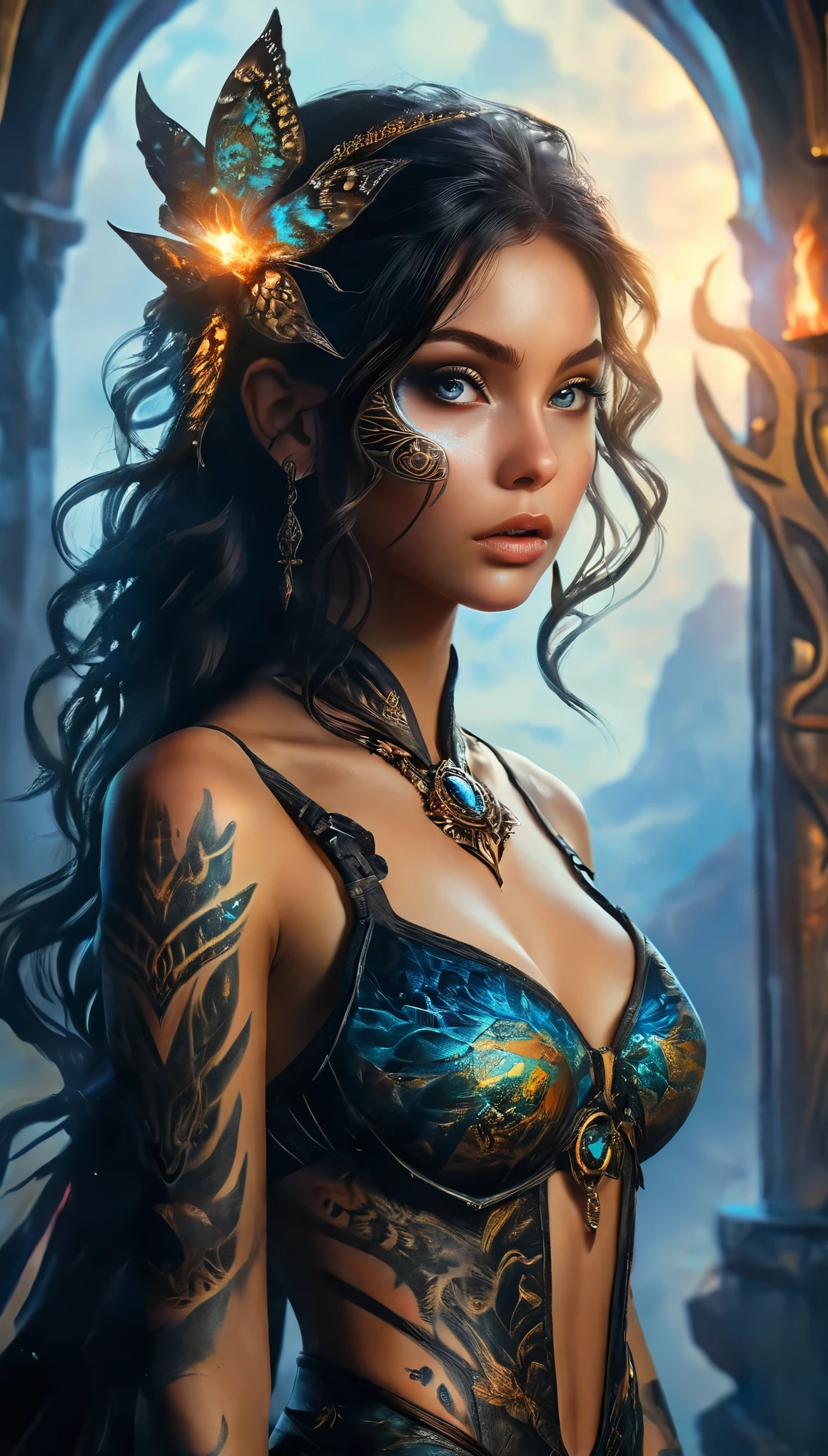 dark fantasy, (realistic, photo-realistic:1.4), (full body shot:1.5), arafed young woman with tribal tattoos on neck and arms, glowing light blue eyes, dark makeup, fantasy world, tribal patterns on the tattoos, wearing fantasy bra and leather tight trousers, holds a long magical spear, immersive fantasy background, rough texture, surreal landscapes, (ethereal beauty:1.3), supernatural elements, (fine art, oil painting:0.9), (expressionless face:0.7), (haunting beauty:1.1), (intricate patterns:1.2), (majestic:1.2), (mystical aura:1.4), (enchanted:1.3), (elegant:1.1), (captivating:1.2), (dark shadows:1.2), stvmccrr style