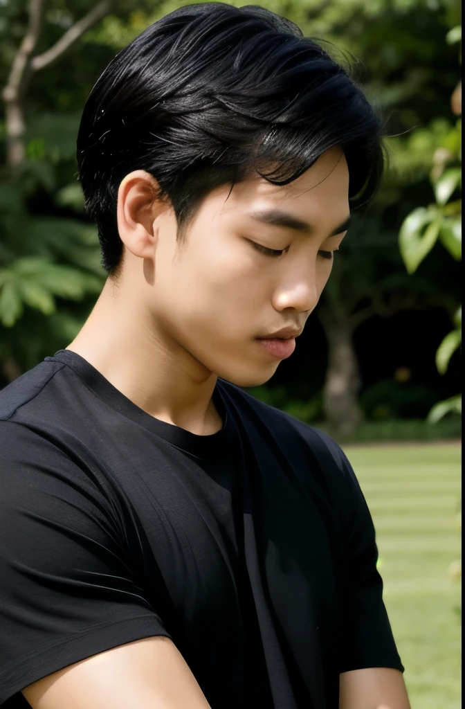 Thai boy smells good (Handsome.) Wearing a black shirt, black hair, in the garden with a male friend.