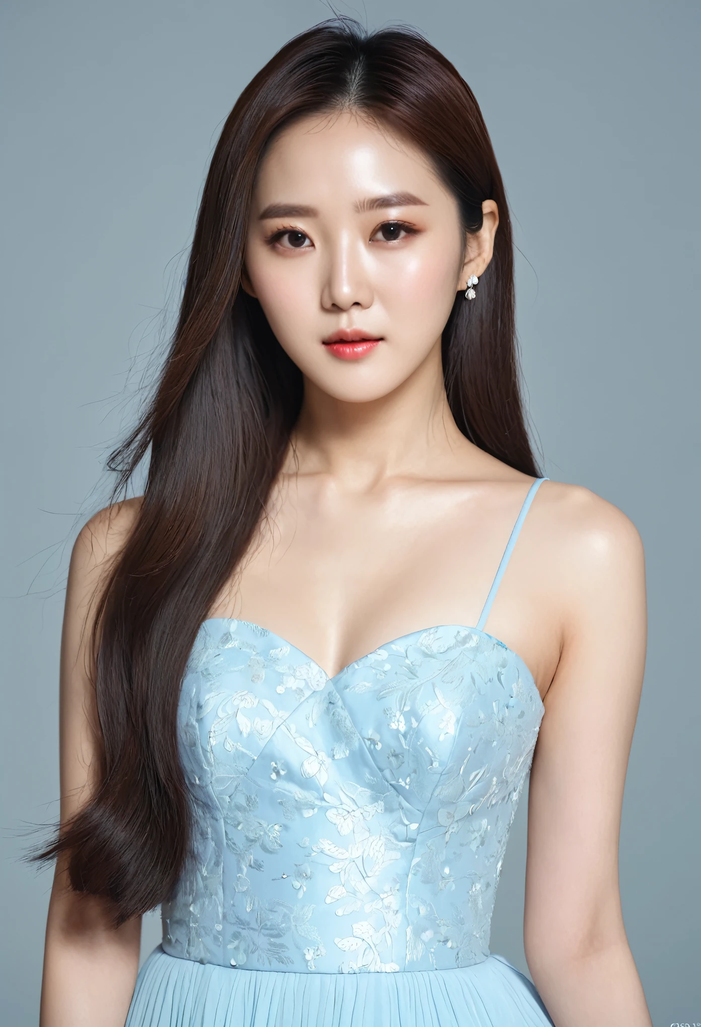 Realistic photos (one cute korean actress) Straight long hair, light makeup, Medium chest, Long dress, close, Canon EOS 8K high resolution captures facial features clearly, Sharp details, Realistically