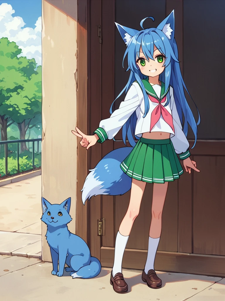 score_9, score_8_up, score_7_up, best quality, masterpiece, source_anime, photo, (natural skin, detailed skin:0.8), uncensored,
( ,cute ,small:0.5), (colourful,Colouring in:1.0),skinny,
konata izumi, long hair, green eyes, ahoge, blue hair, blue fox ears, blue fox tail, skinny, 
flat chest, 
1girl, outdoors, serafuku, green miniskirt, green sailor collar, shoes, white and green tighhighs, smile,
dynamic pose,v,
,   