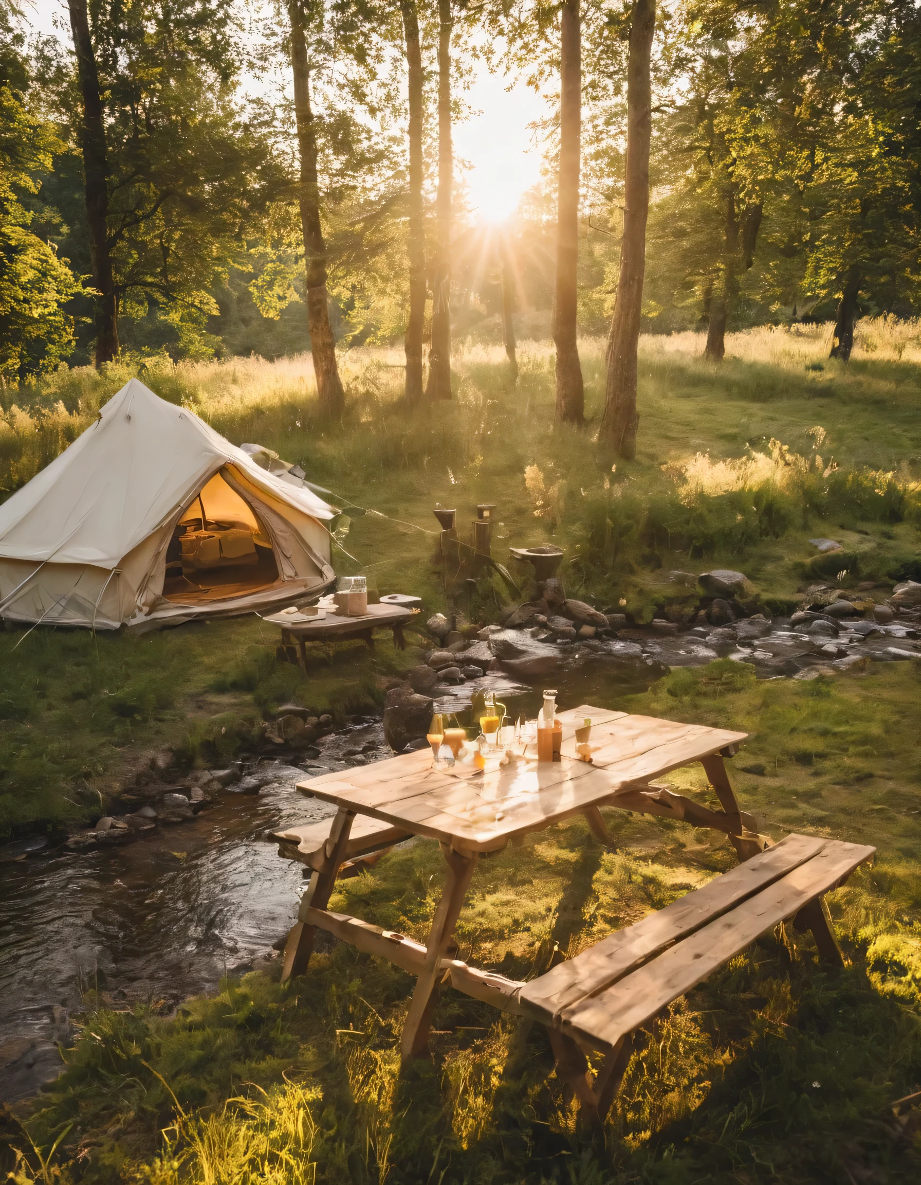 a view of a tent with a table and a stream in the foreground, glamping, setting in nature, outdoors setting, all in the amazing outdoors view, summer setting, camping, beautiful setting, golden hour sunlight, golden hour time, peaceful environment, cozy setting, summer morning light, beautiful place, beautiful environment, day setting, by Alexander Bogen, morning golden hour