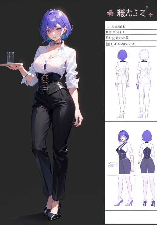 Purple hair,short cut hair,Adult female,Bartender,((Rolling up your sleeves shirt)),(Corset),(slacks),High heels,((Simple background)),Smile,((Full body)),((whole body)),Character Sheet,