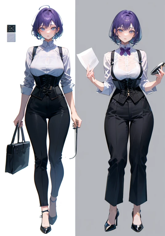 Purple hair,short cut hair,Adult female,Bartender,((Rolling up your sleeves shirt)),(Corset),(slacks),High heels,((Simple background)),Smile,((Full body)),((whole body)),Character Sheet,