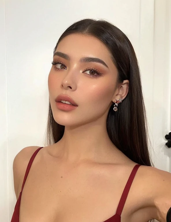 una mujer con cabello largo con un vestido rojo y aretes, cara sexy con maquillaje completo, piel de oliva perfecta, cerveza madison, belleza asombrosa, belleza asombrosa, mirada sensual, Retrato de Sophie Mudd, cara perfecta, cerveza madison girl portrait, con maquillaje profesional, 18 years, cejas grandes y gruesas y atrevidas, cejas gruesas y tupidas y rectas, :: cerveza madison