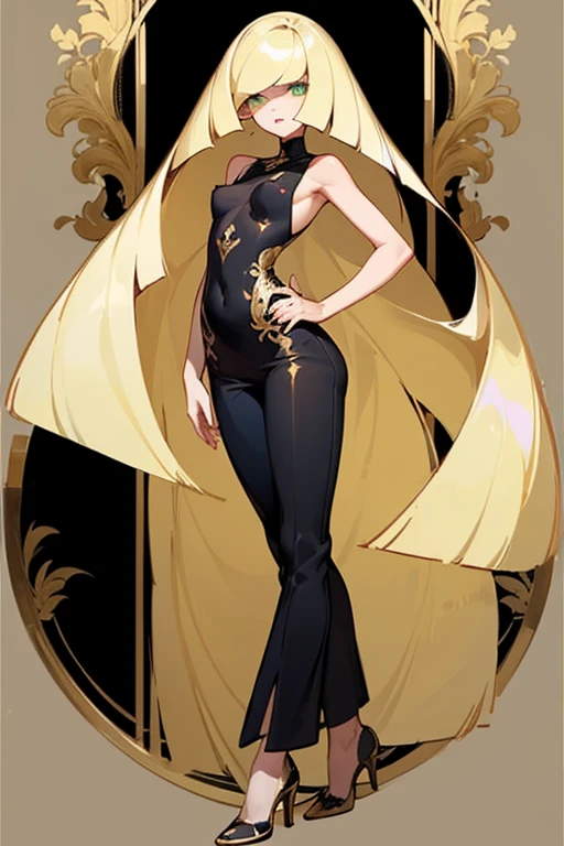 ((highest quality)), ((masterpiece)), (Familiar), Lusamine,thin,thin,Long blonde hair,Small breasts,Erect nipples,Adult female,Green Eyes,Slanted Eyes,Sleeveless dress,Black Dress,Gold embroidery,Pants Style,High heels,Fascinating