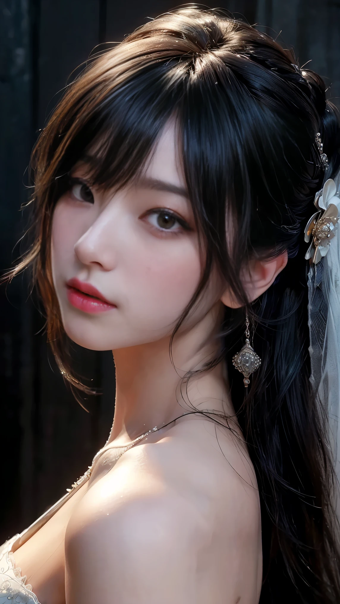 (Best image quality), (masterpiece), (Vibrant, Photo realistic, Realistic, dramatic, dark, Sharp focus, 8k), beautiful, Highly detailed face and skin texture, sexy wedding dress, Heavenly beauty, Mature Asian Woman,Long black hair, Compensate, Browsing Caution ,Close-up shot, ((Backlight)), Holding the Sword, Samurai Wedding