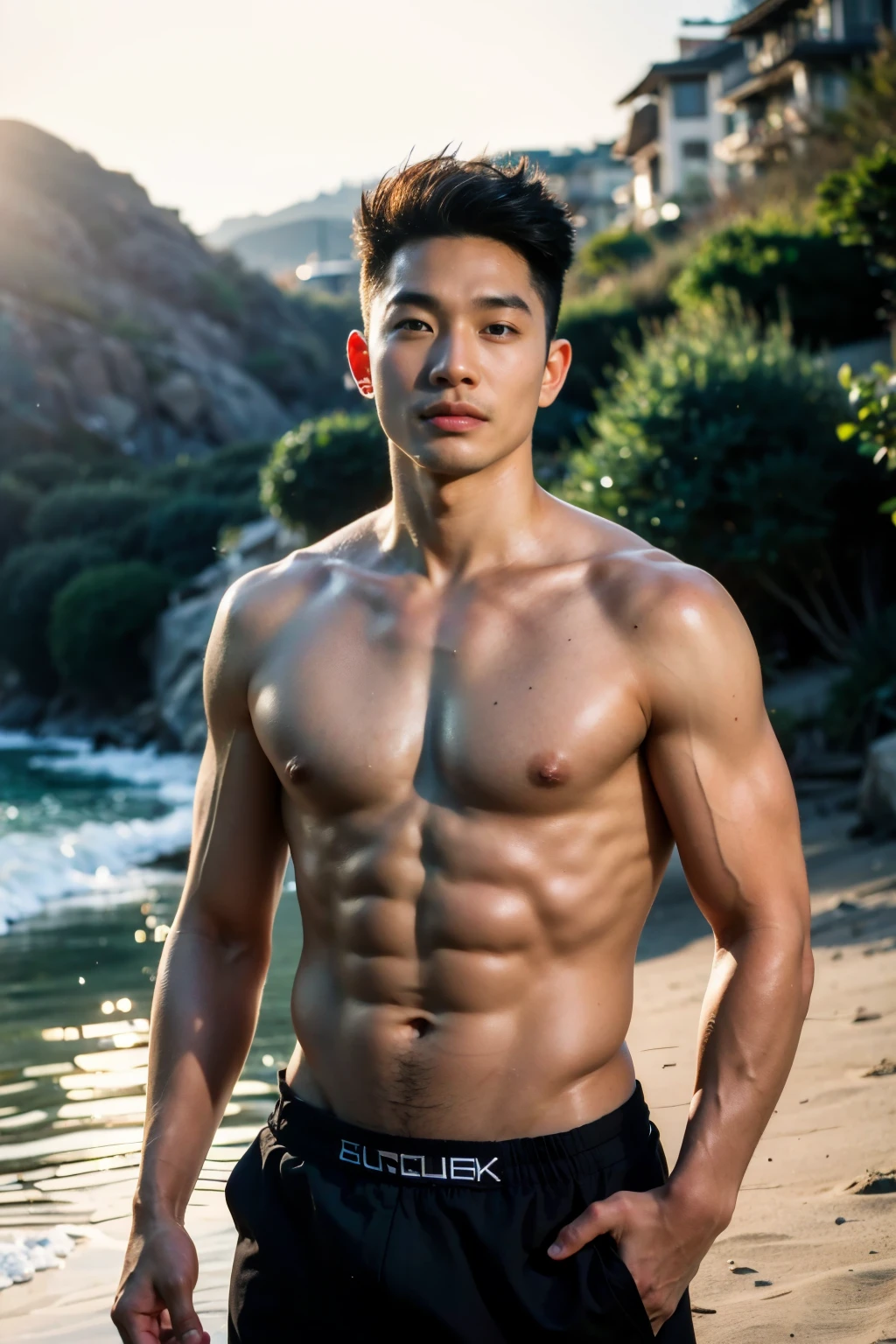 Realistic photography, 8k , handsome young muscular chinese man, wearing no shirt , wearing only black thong, huge bulge, beach
