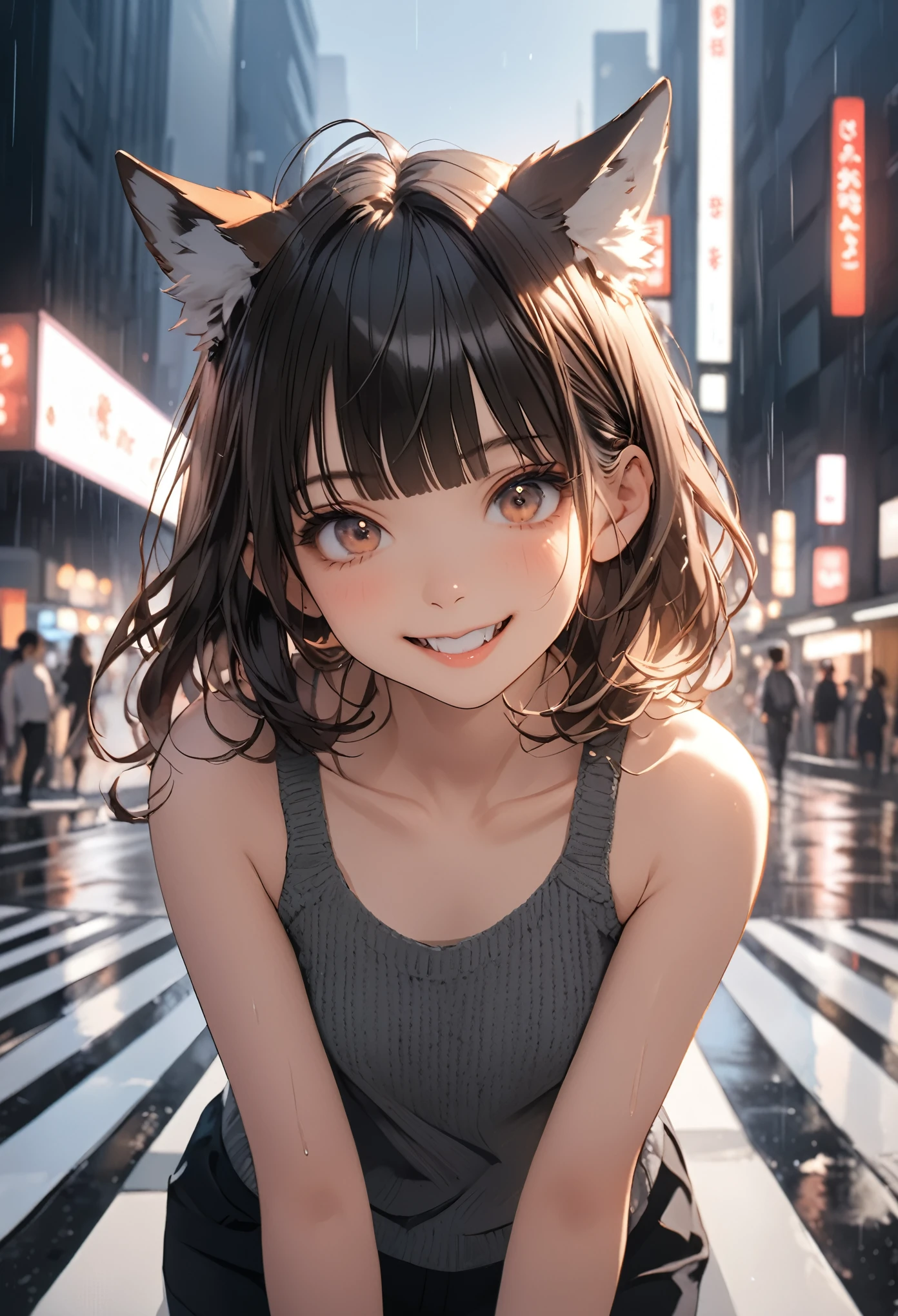 ((Masterpiece)), ((best quality)), (Anime:1.3), (High Definition:1.3), (Professional Photography:1.4), Portrait shot, 8K, Glossy skin, cinematic lighting, 1girl, wide-shot, (Knit fabric tank top), (Cute innocent girl), slendar body, small breast, glossy medium hair, (loose blunt bangs), ((:3)), open mouth, fang out, (very naughty smile), beautiful collarbones, (slightly exposed shoulders), (put on wolf ears), pale brown hair, BREAK, ((best quality)), (cool pose on Intersections), crosswalks, rainy days, (on the TOKYO), Beautiful cityscape Background,